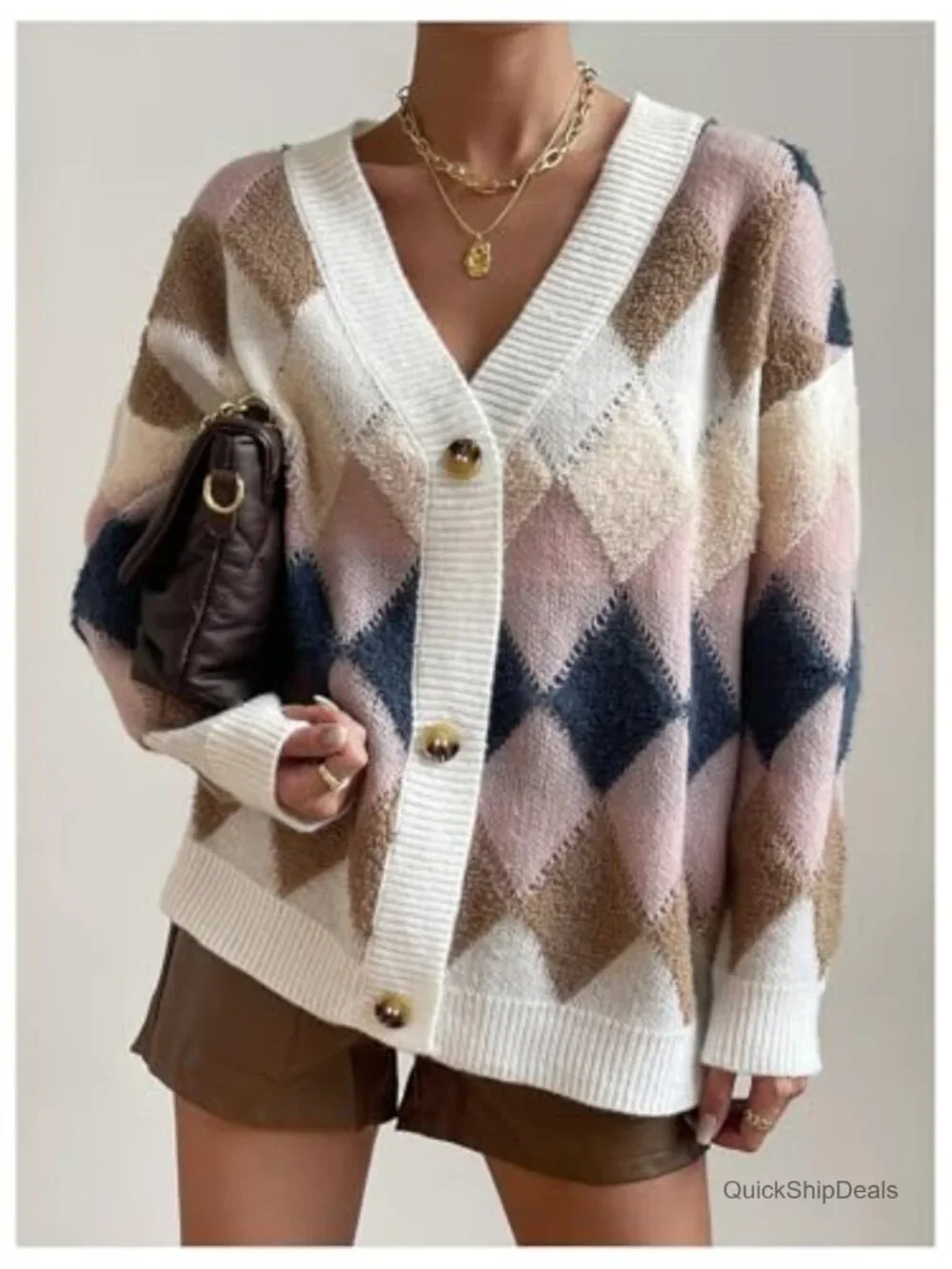 Argyle Plaid Button Down V Neck Long Sleeve Cardigan Sweater